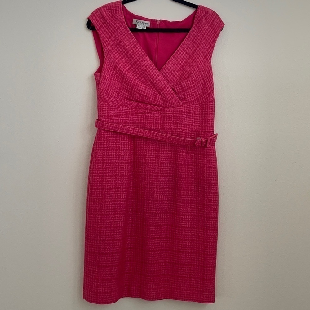 Kay Unger Hot Pink tweed shift dress cap sleeve with belt 10